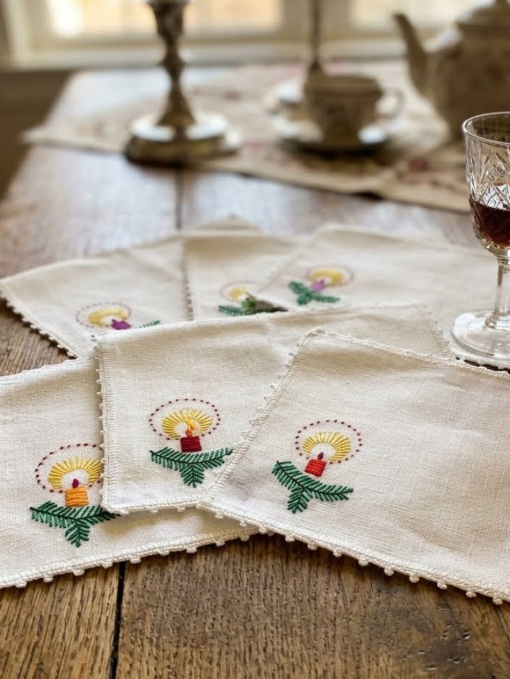 Set of 6 Small Vintage Christmas Table Napkins Linens Cotton Linen Dining